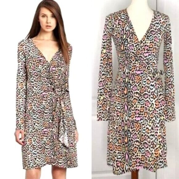 BCBGMaxAzria Wrap Dress XS Animal Print Leopard Jersey Adele  Long Sleeve - Picture 1 of 12